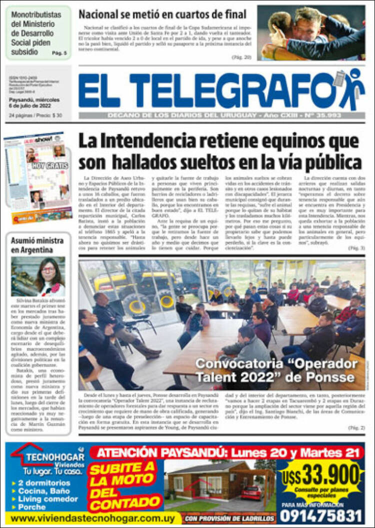 Portada de El Telégrafo (Uruguay)