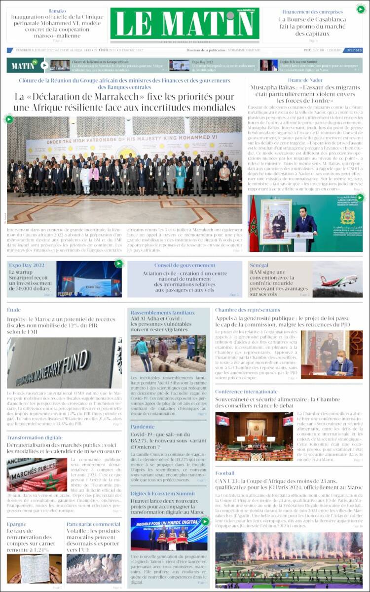 Portada de Le Matin (Maroc)