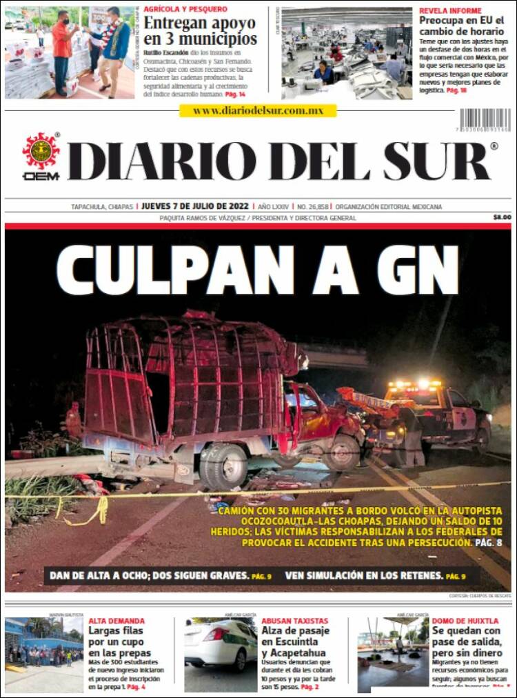 Portada de El Diario del Sur (México)