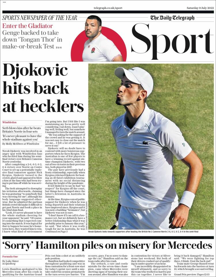 Portada de Telegraph Sport (Royaume-Uni)