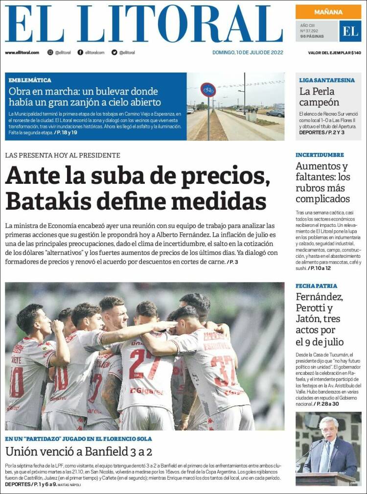 Portada de Diario El Litoral (Argentina)