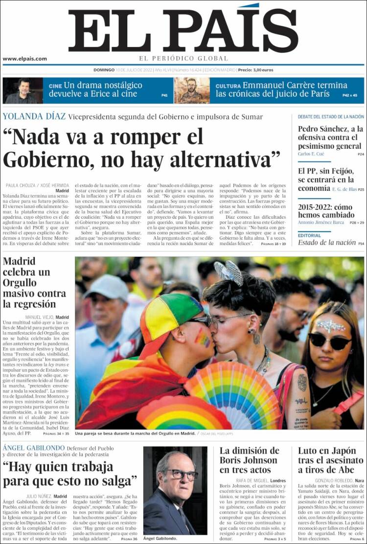 Journal El Pa S Espagne Les Unes Des Journaux De Espagne Dition Du Dimanche De Juillet
