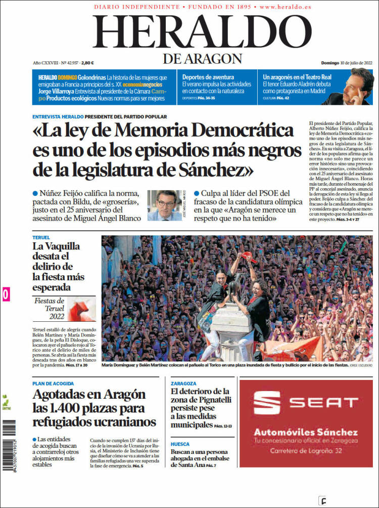 Portada de Heraldo de Aragón (España)