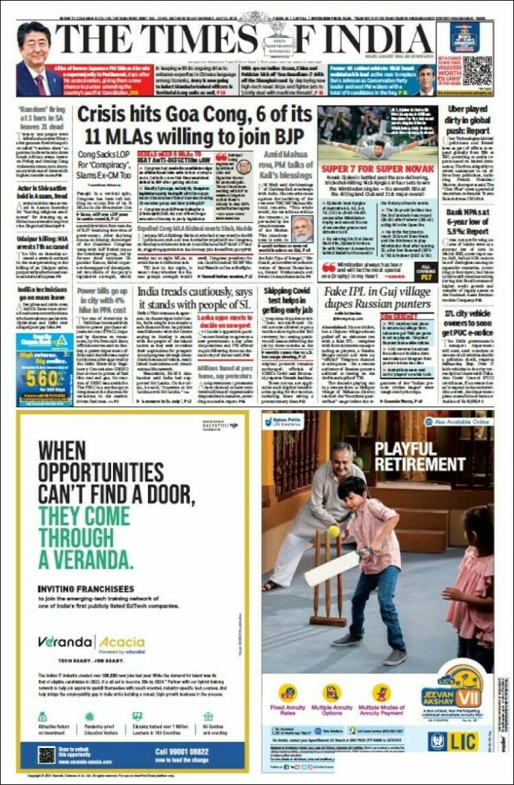 Portada de The Times of India (India)