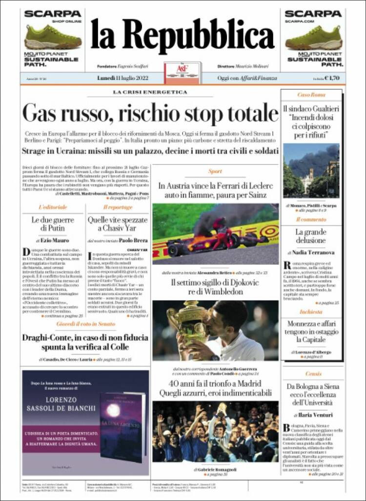 Portada de La Repubblica (Italia)