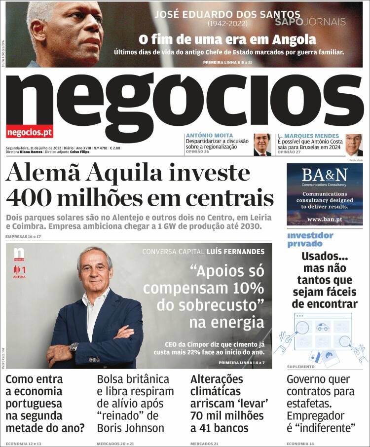 Portada de Jornal de Negócios (Portugal)