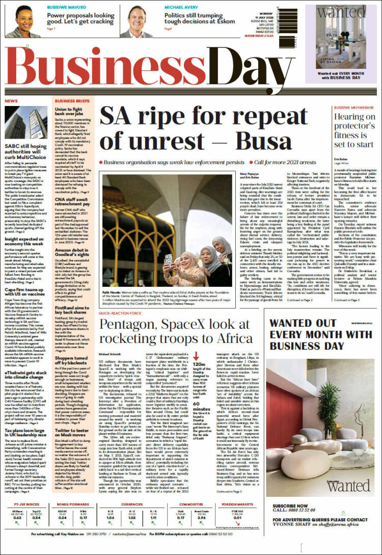 Portada de Business Day (Sud&aacute;frica)