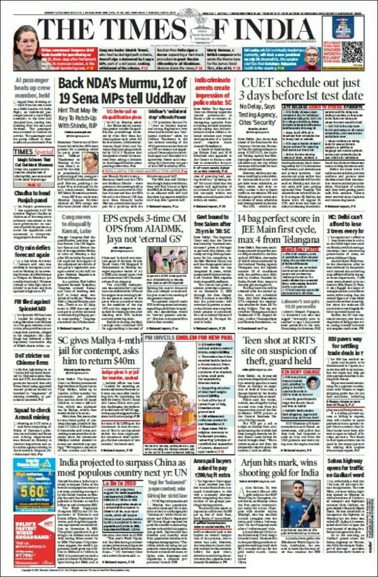 Portada de The Times of India (India)