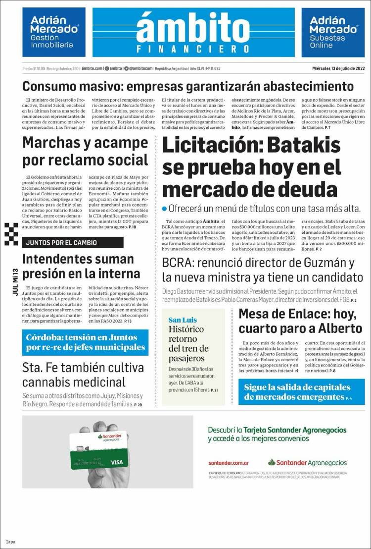 Portada de Diario Ambito Financiero (Argentina)