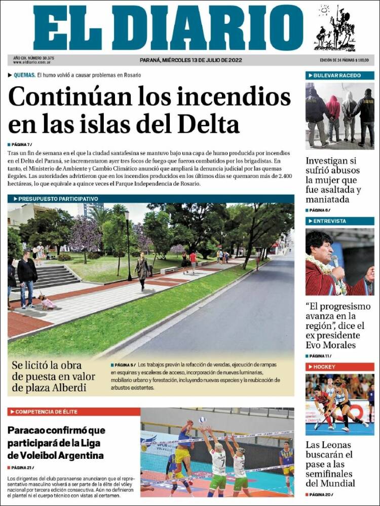 Portada de El Diario de Paraná (Argentina)