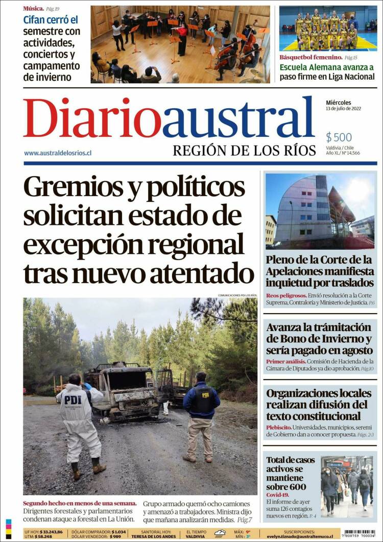 Portada de El Diario Austral de Valdivia (Chili)