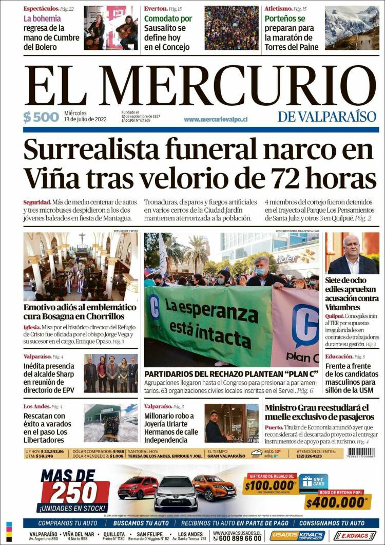 Portada de Mercurio de Valparaiso (Chili)