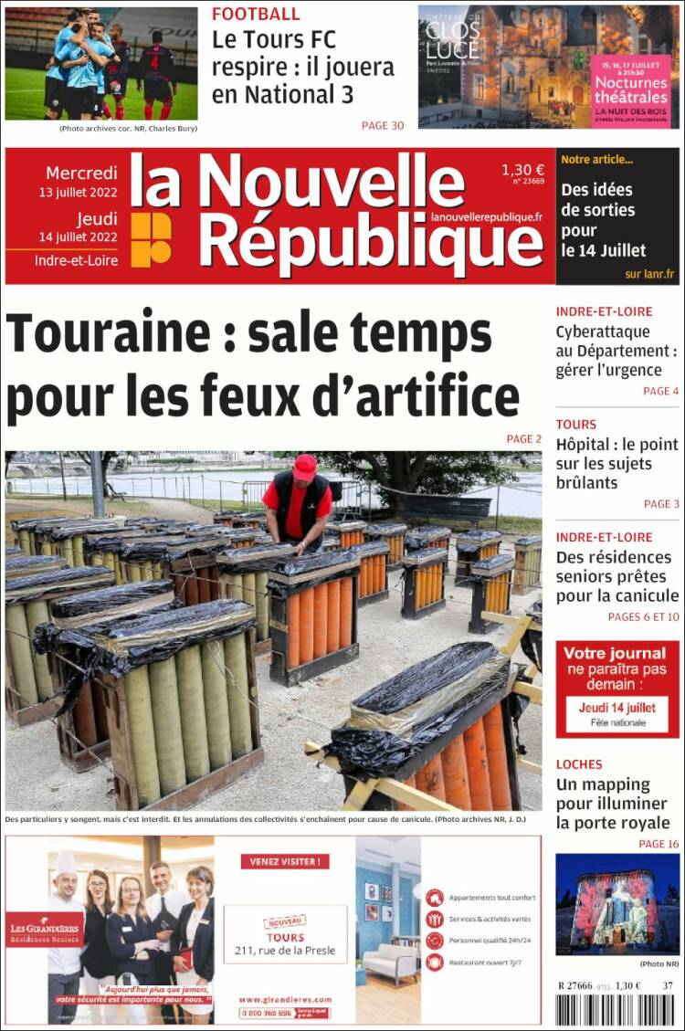 Portada de La Nouvelle Republique (France)