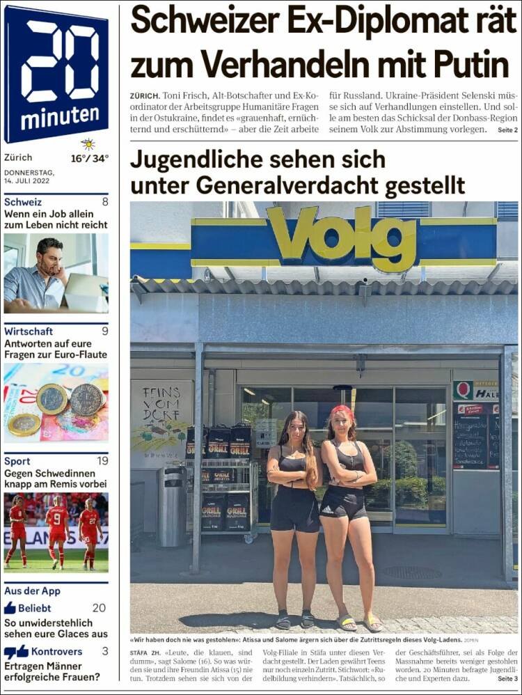 Portada de 20Minuten - Zürich (Suiza)