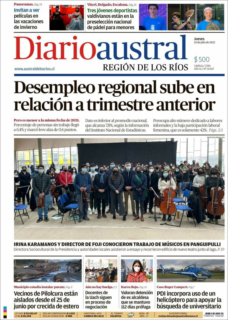 Portada de El Diario Austral de Valdivia (Chile)