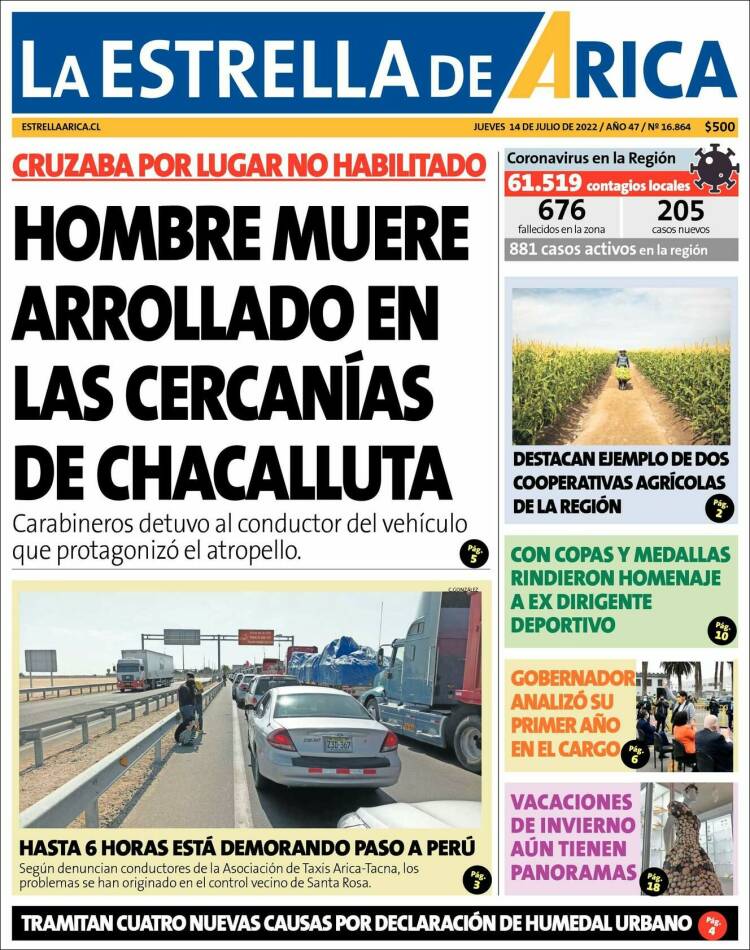 Portada de La Estrella de Arica (Chile)