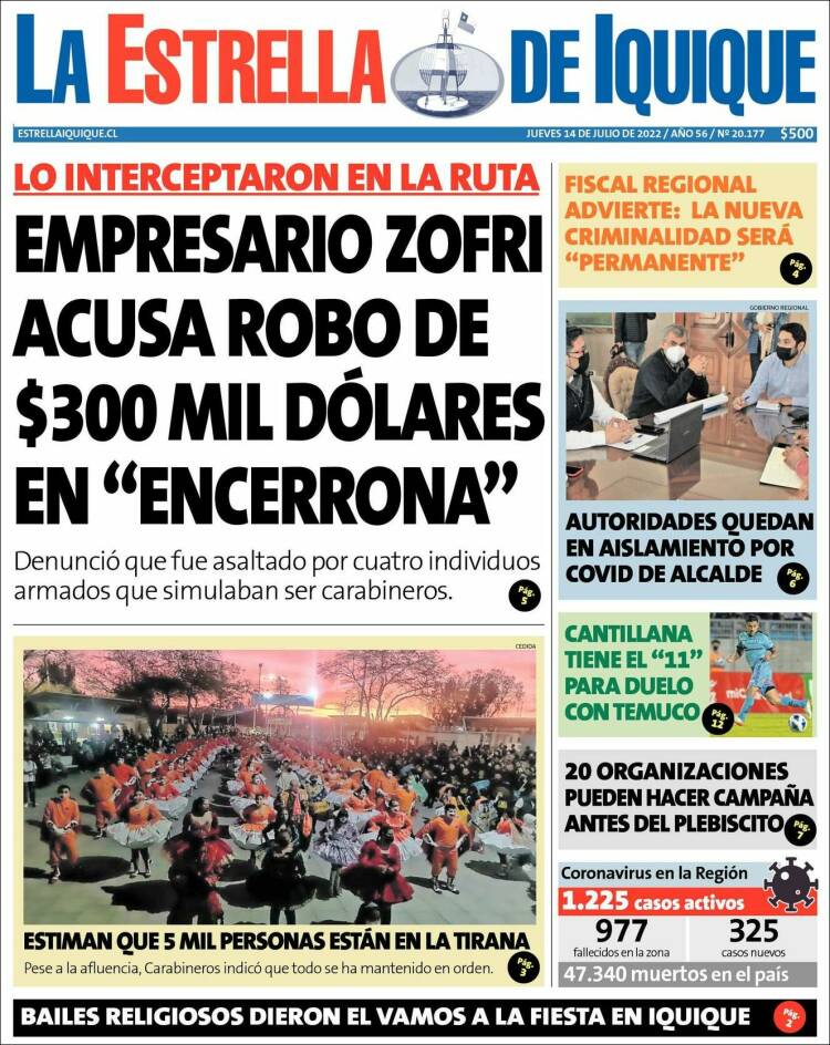Portada de La Estrella de Iquique (Chile)