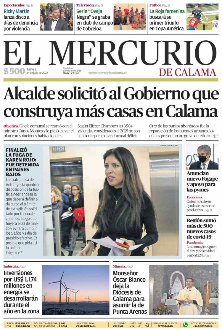 Portada de El Mercurio - Calama (Chile)
