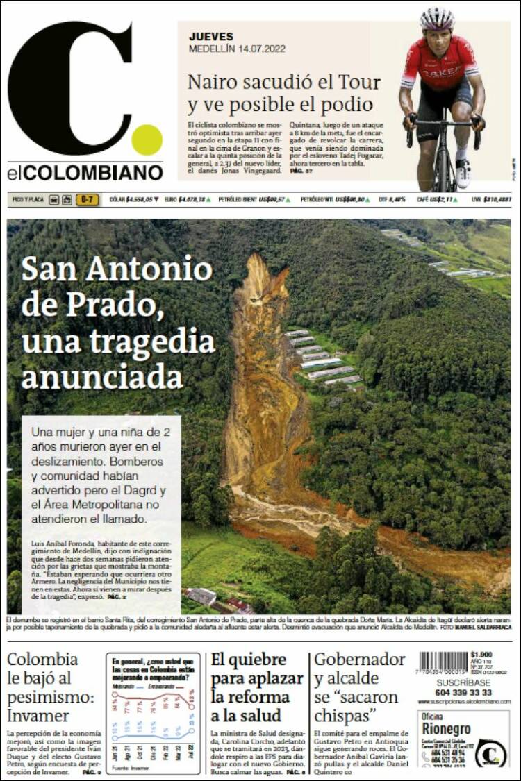 Portada de El Colombiano (Colombia)