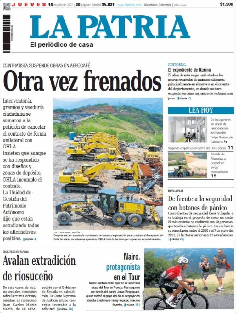 Portada de La Patria (Colombia)