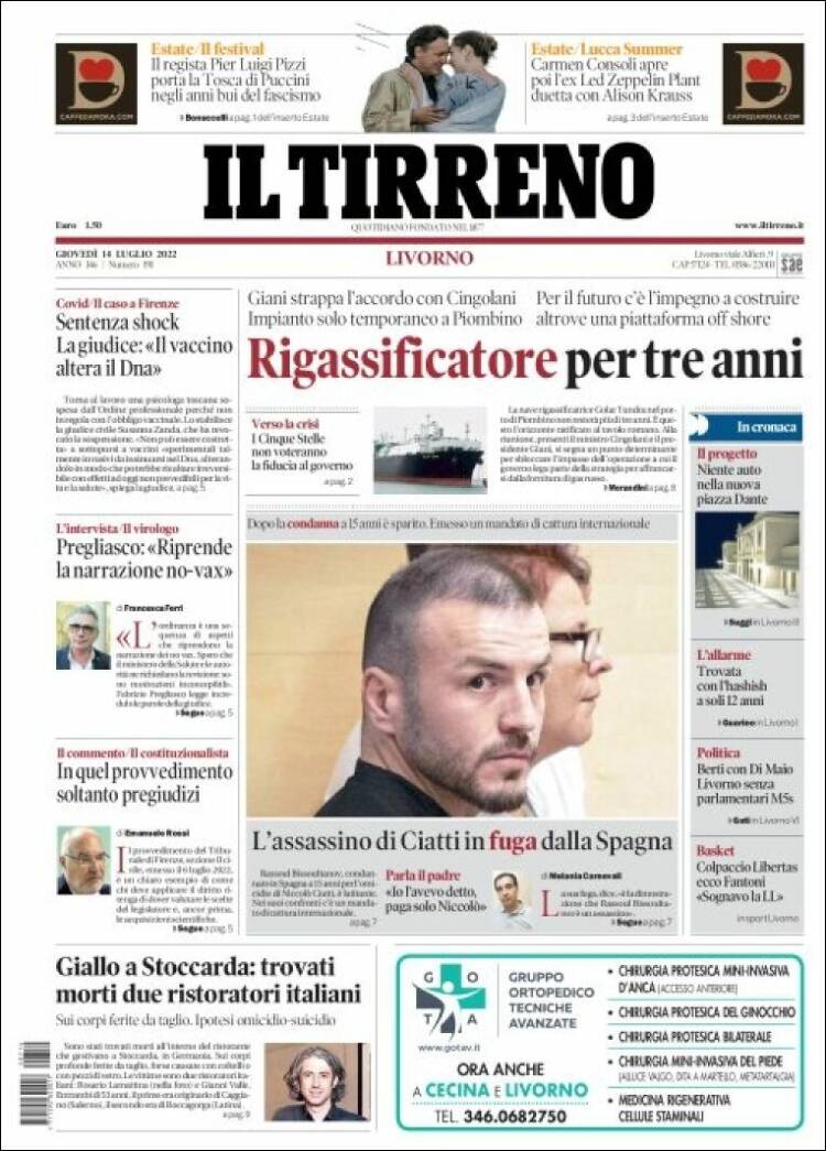 Portada de Il Tirreno (Italie)