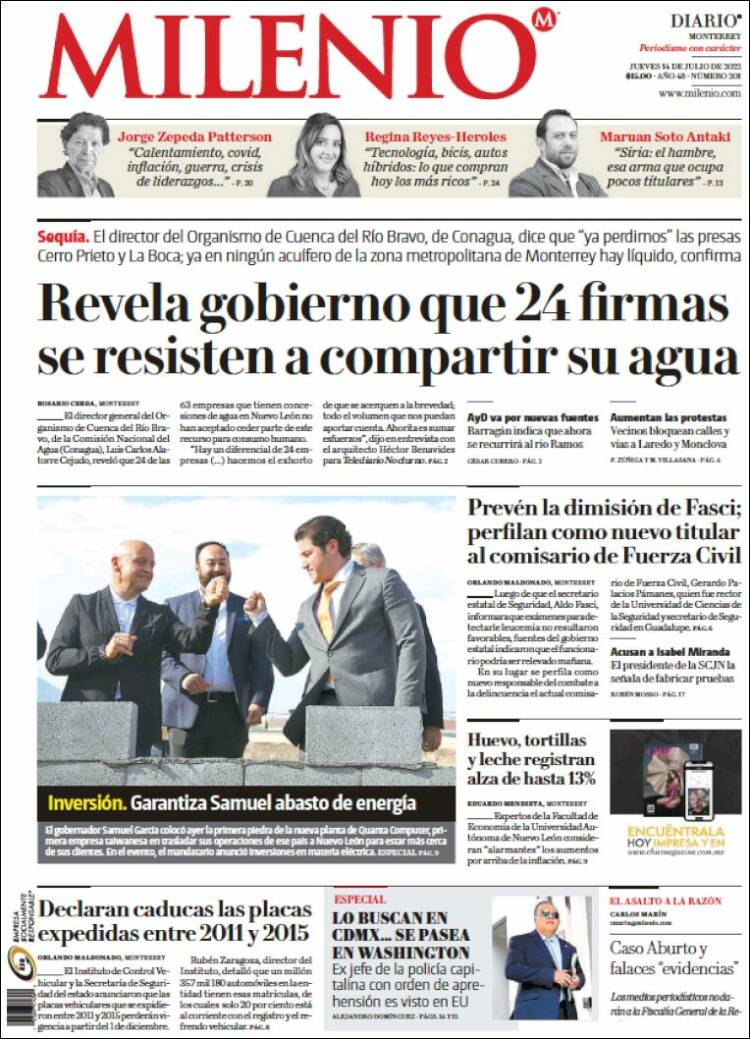 Portada de Milenio de Monterrey (M&eacute;xico)