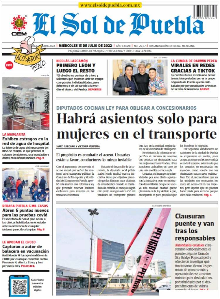 Portada de El Sol de Puebla (M&eacute;xico)