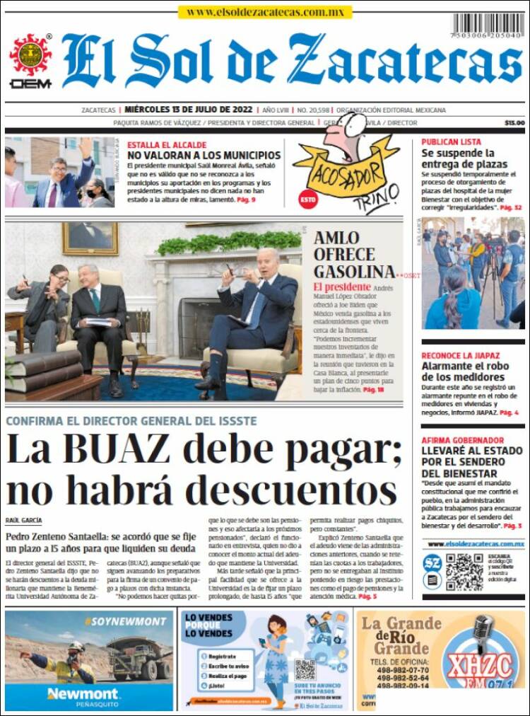 Portada de El Sol de Zacatecas (M&eacute;xico)