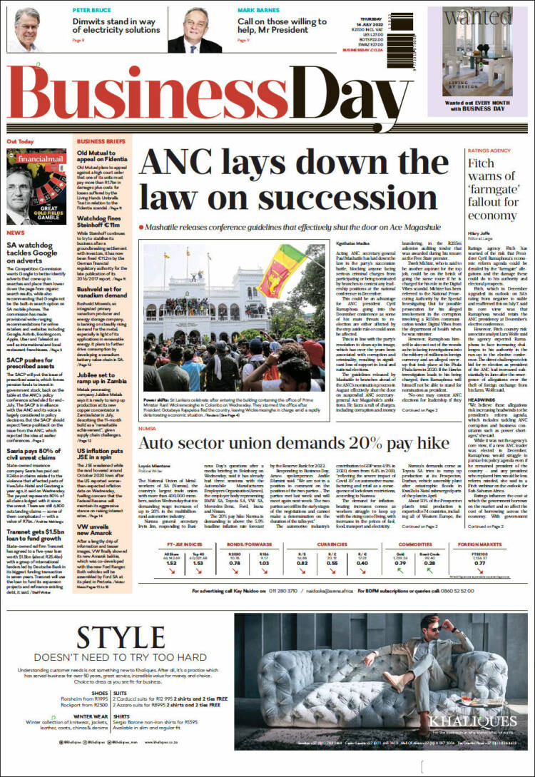Portada de Business Day (Sud&aacute;frica)
