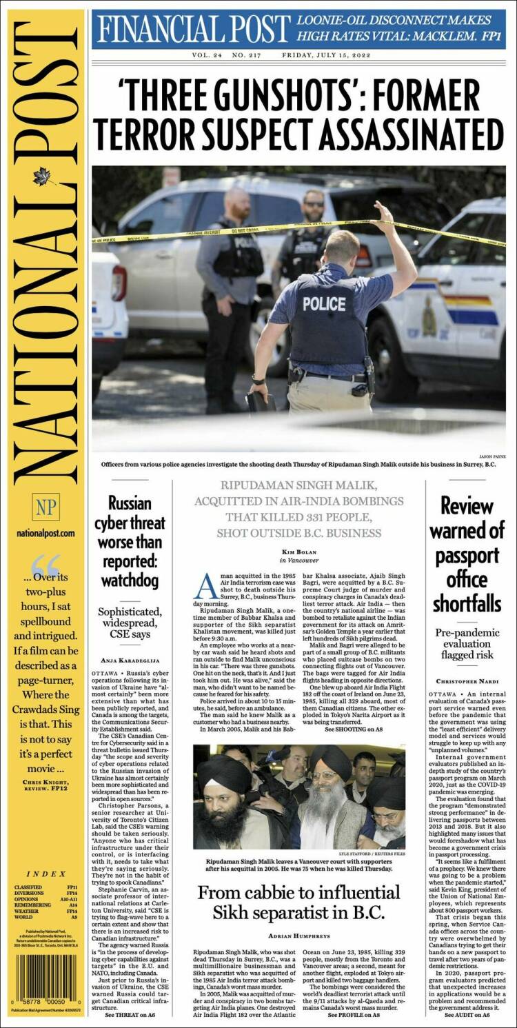 Portada de The National Post (Canadá)