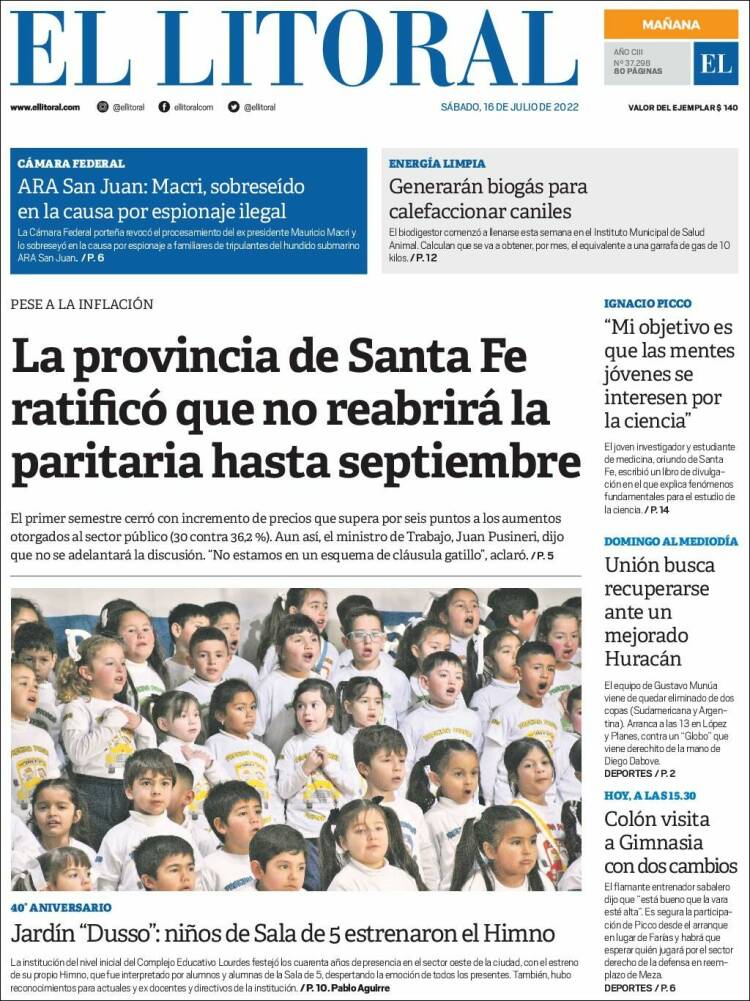 Portada de Diario El Litoral (Argentina)