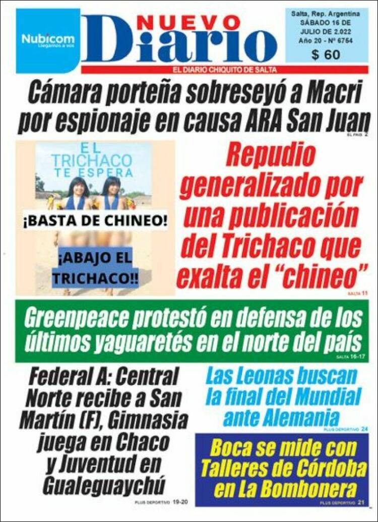 Portada de Nuevo Diario de Salta (Argentina)