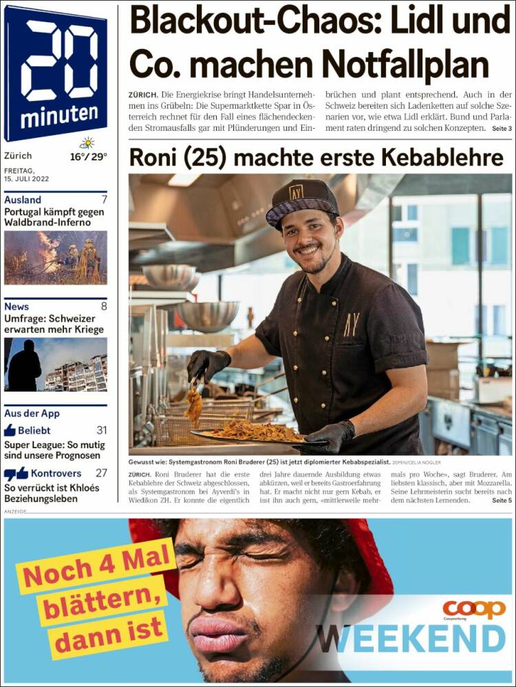 Portada de 20Minuten - Zürich (Suiza)