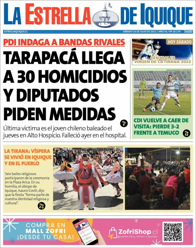 Portada de La Estrella de Iquique (Chili)