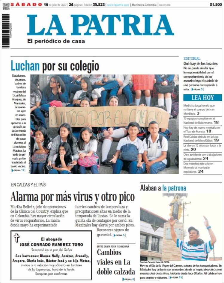 Portada de La Patria (Colombia)