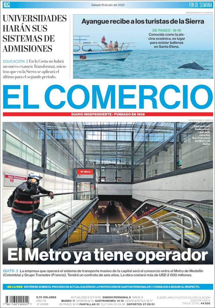 Portada de El Comercio (Ecuador)