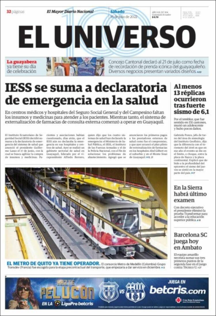 Portada de El Universo - Ecuador (Ecuador)