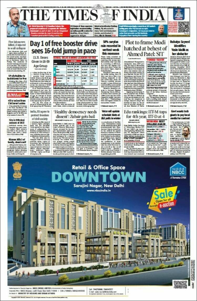 Portada de The Times of India (India)