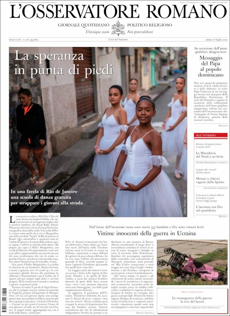 Portada de L'Osservatore Romano (Italia)