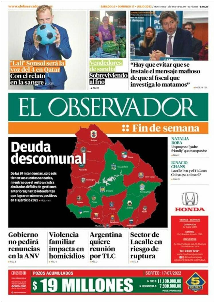 Portada de El Observador (Uruguay)