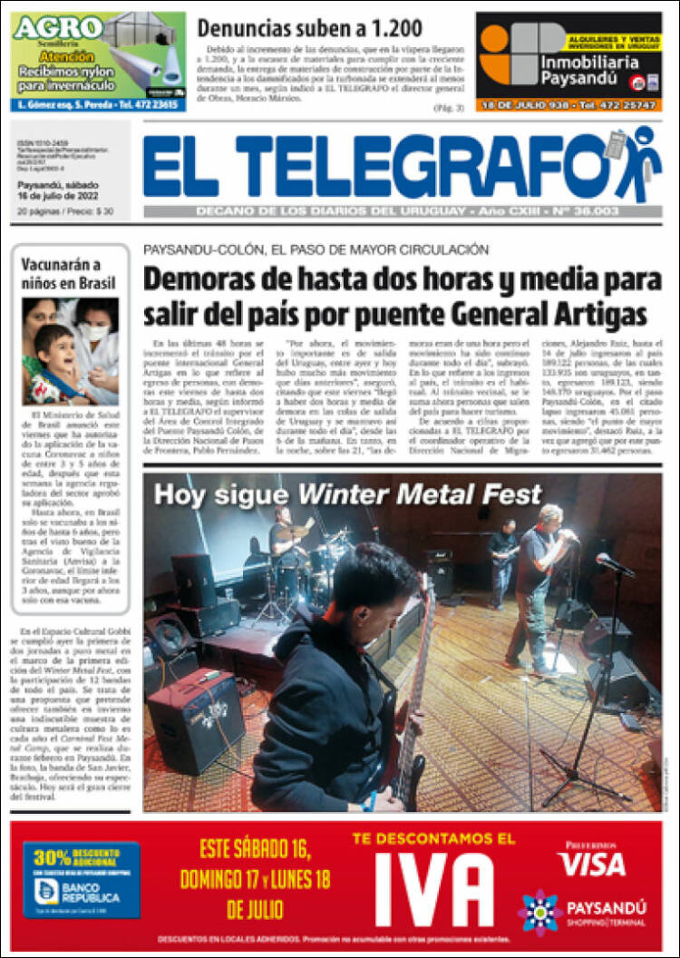 Portada de El Telégrafo (Uruguay)