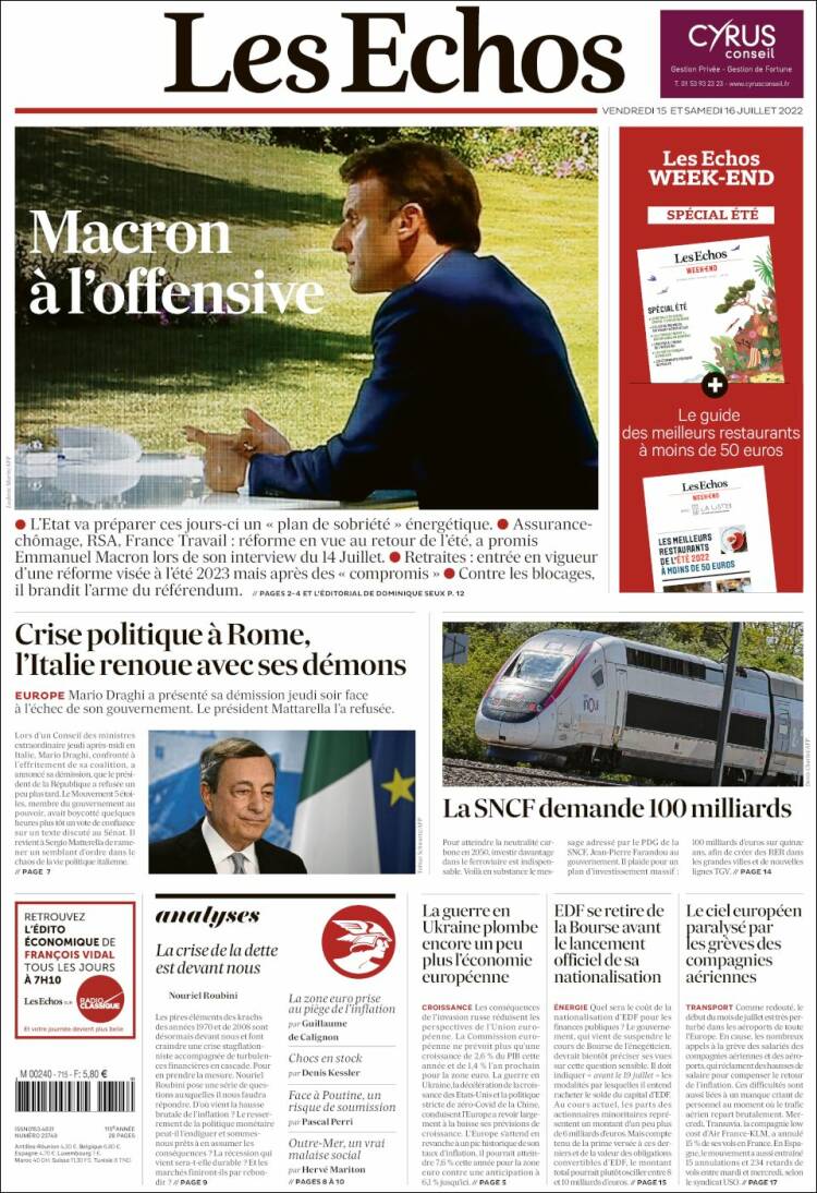 Journal Les Echos (France). Les Unes Des Journaux De France. Toute La ...