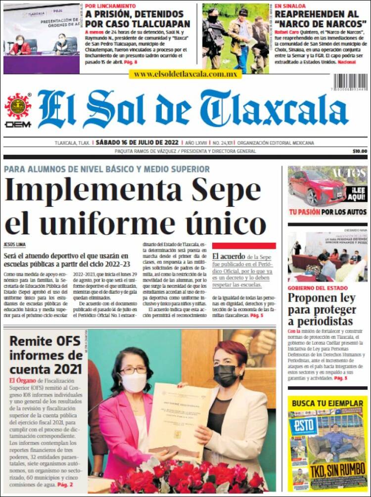 Portada de El Sol de Tlaxcala (México)