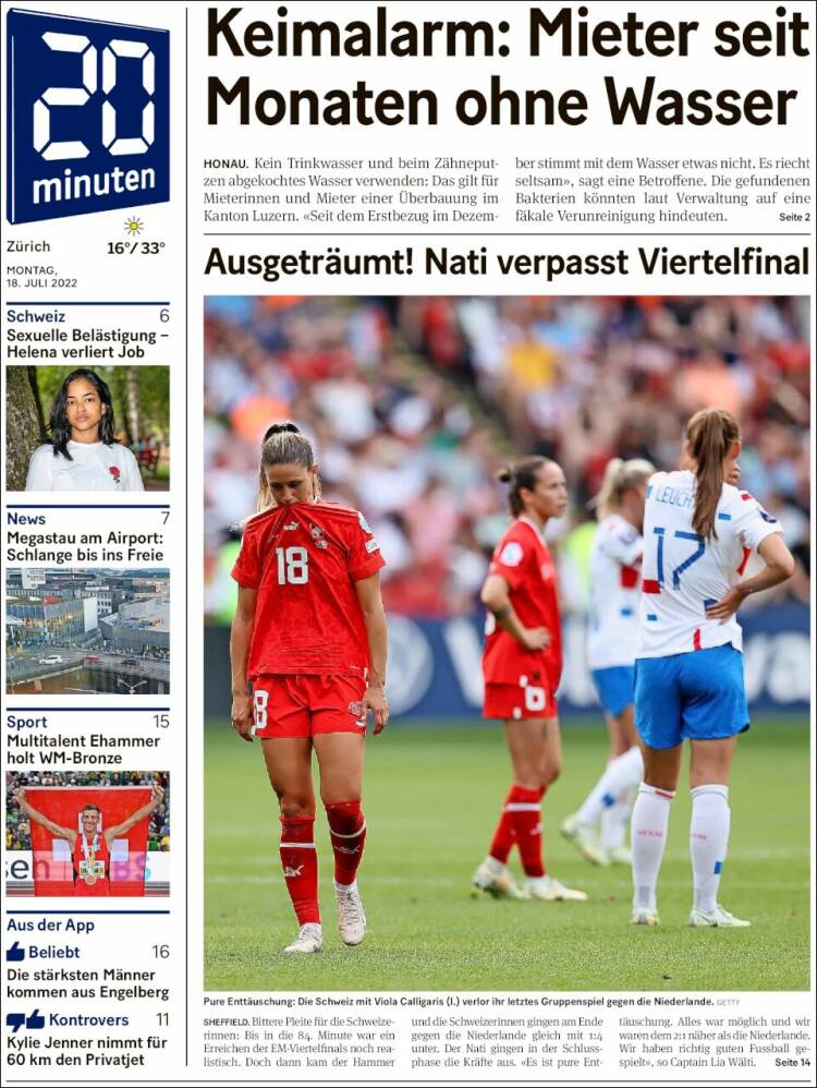 Portada de 20Minuten - Zürich (Suiza)