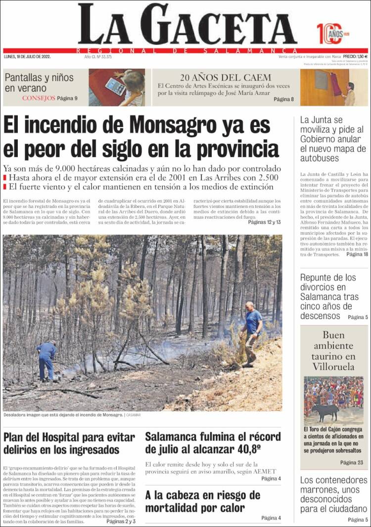 Portada de La Gaceta de Salamanca (España)