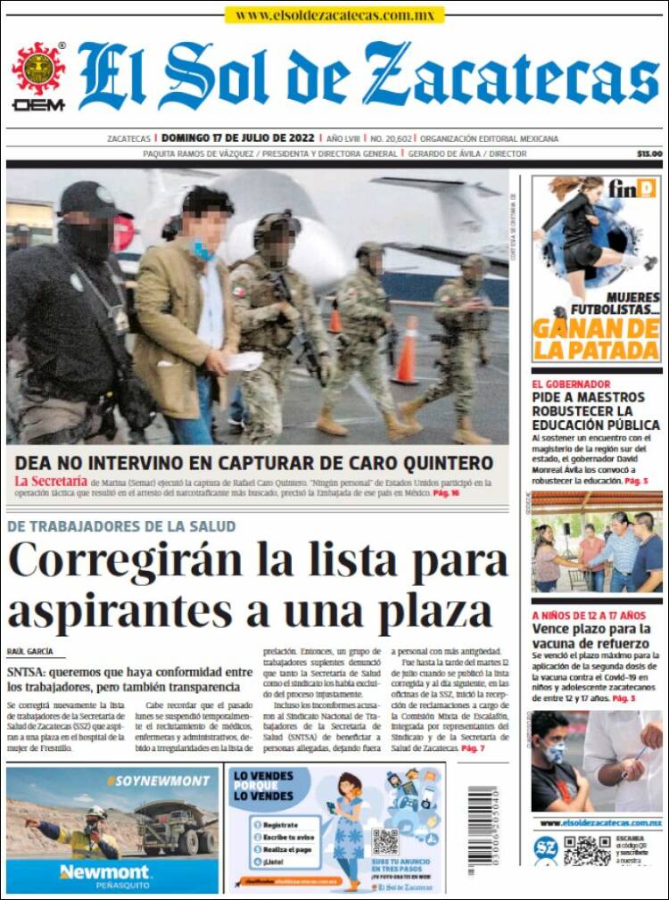 Portada de El Sol de Zacatecas (México)