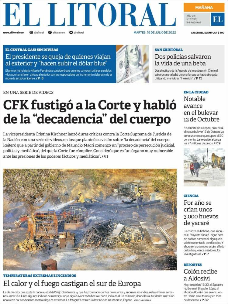 Portada de Diario El Litoral (Argentina)