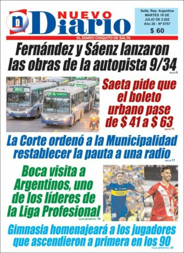 Portada de Nuevo Diario de Salta (Argentina)