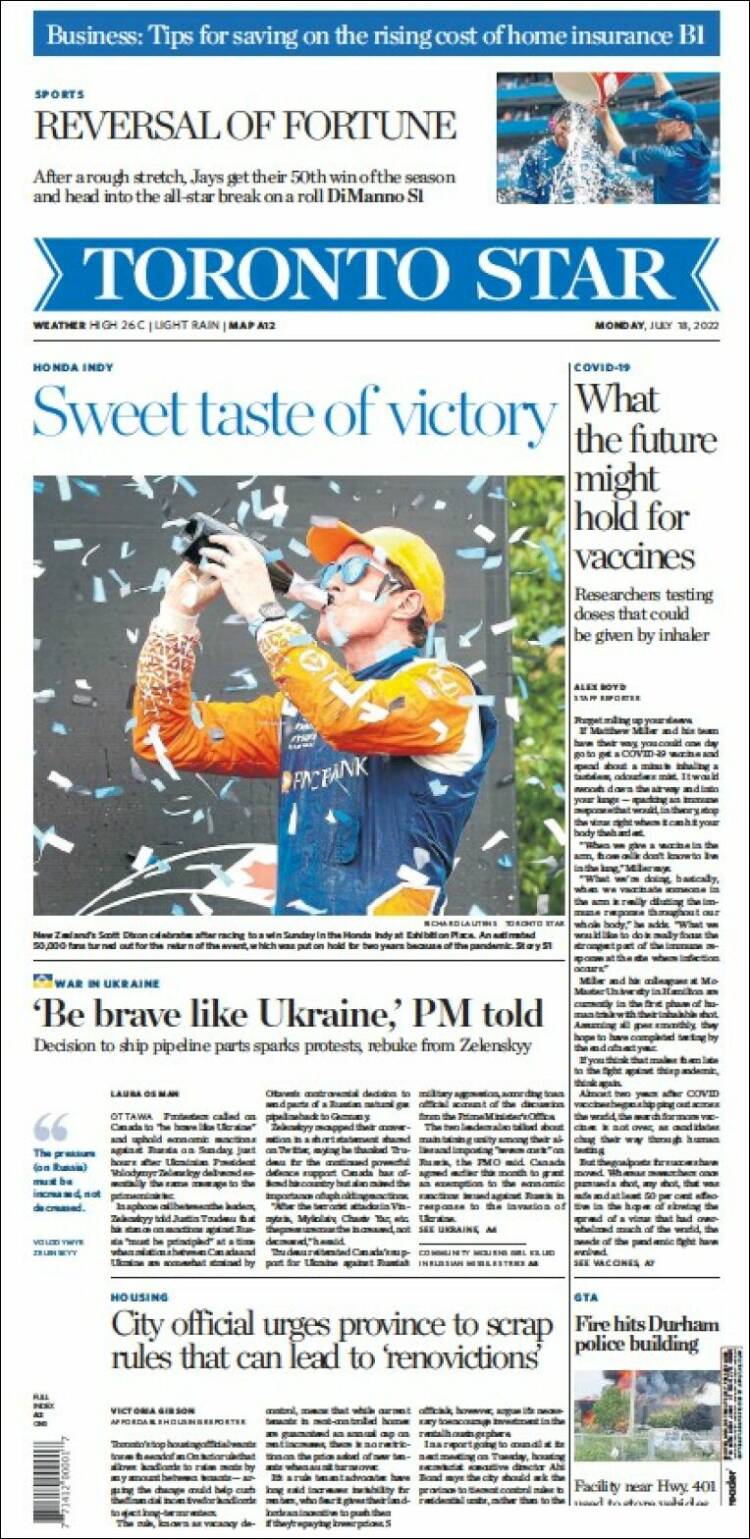 Portada de The Toronto Star (Canadá)