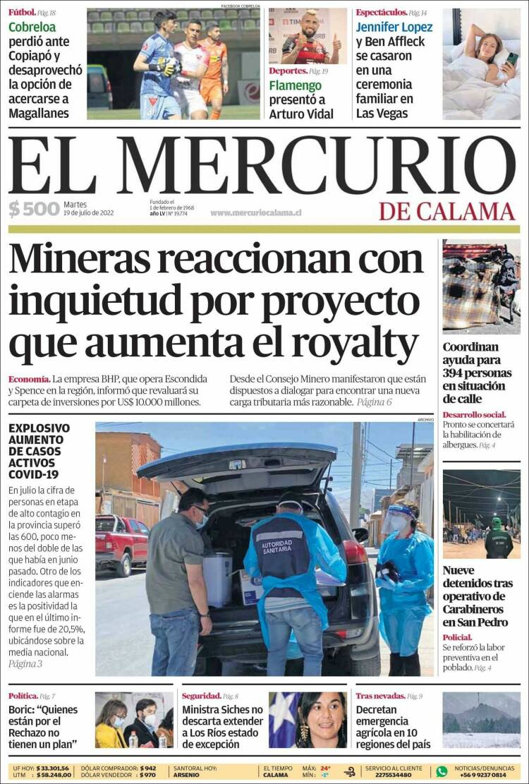 Portada de El Mercurio - Calama (Chile)